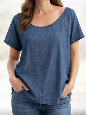 Carol Bassi Women's Washed Indigo Scoop Neck Open Back Short-Sleeve Top